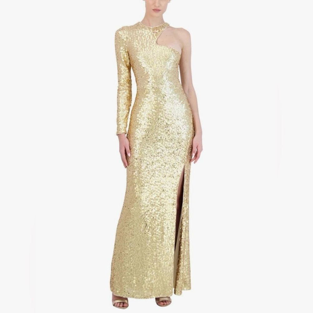 BCBGMAXAZRIA Women's Fit and Flare Floor Length Sequin Evening Gown Gold Sz.L - Picture 2 of 16